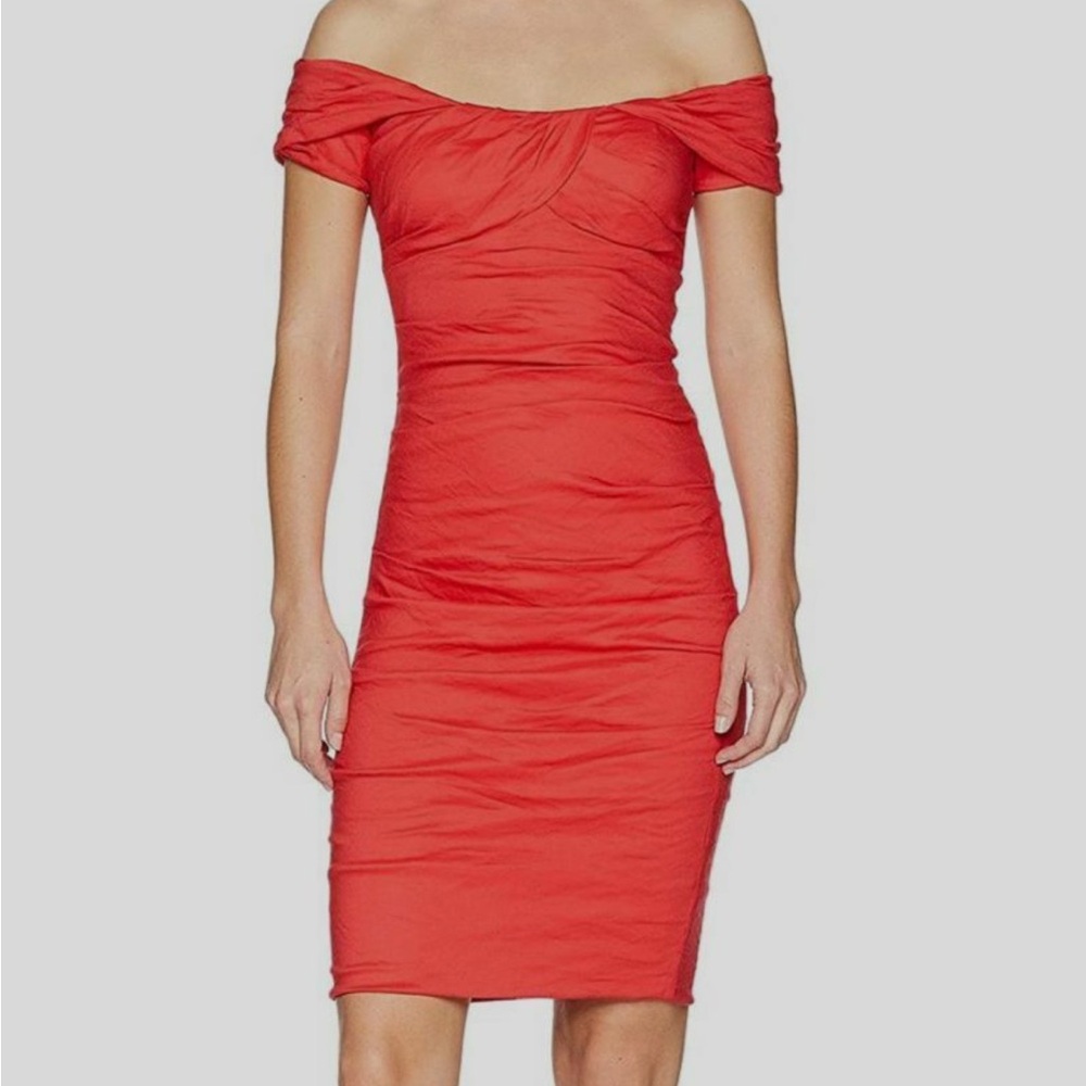 Nicole Miller Red Ruched Off The Shoulder Cocktail dress